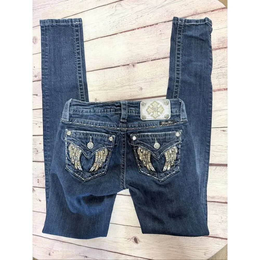 Miss Me Angel Wing Bling Embellished Flap Pocket Skinny Jeans Dark Denim Size 24